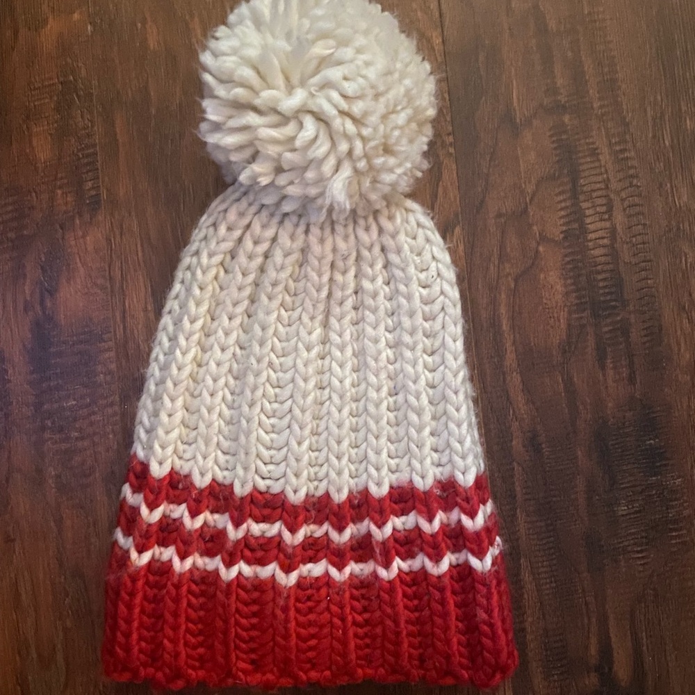 Express Red and White Knit Beanie with Pom-Pom